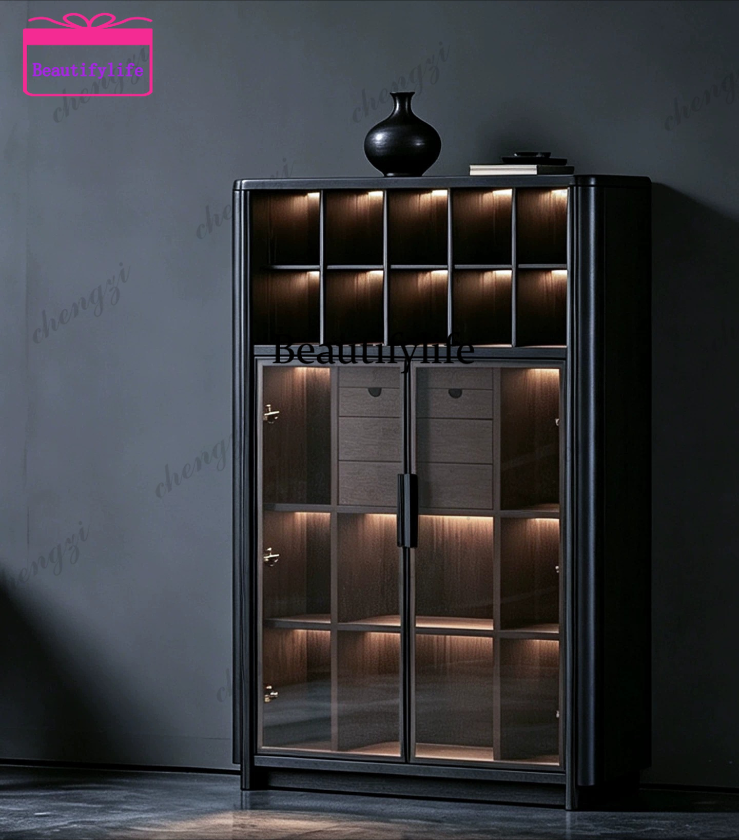 Glass Cabinet Display - a55 Italian minimalist solid wood bookcase