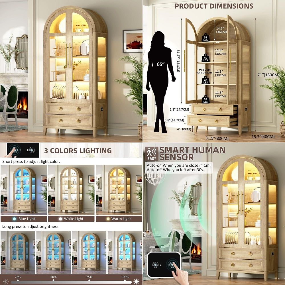 71 Arched Curio Cabinet with G - огляд і ціна Glass Cabinet Display